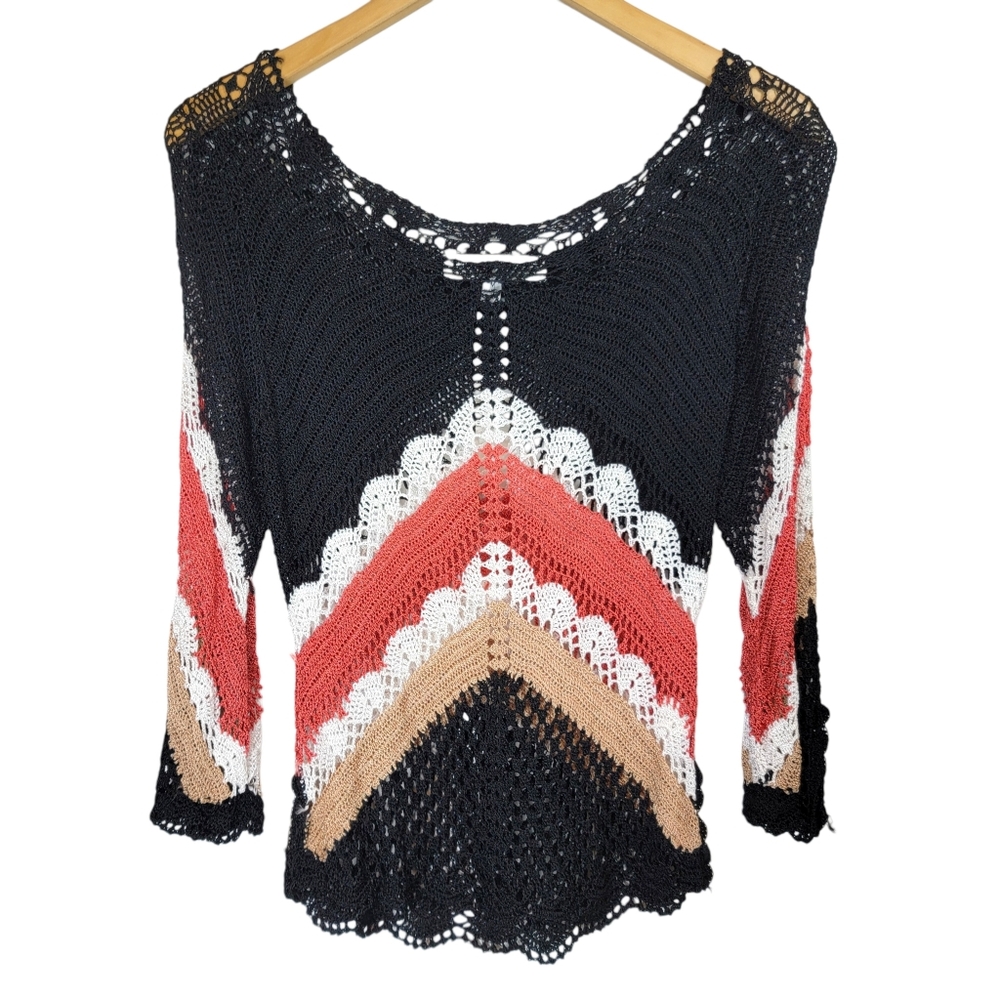 Bette Paige Silk Blend Crochet Sweater Bell Slit Sleeves Sz M Boho Whimsigoth